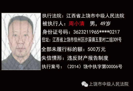 上饶市中级人民法院公布15名失信人员名单_新